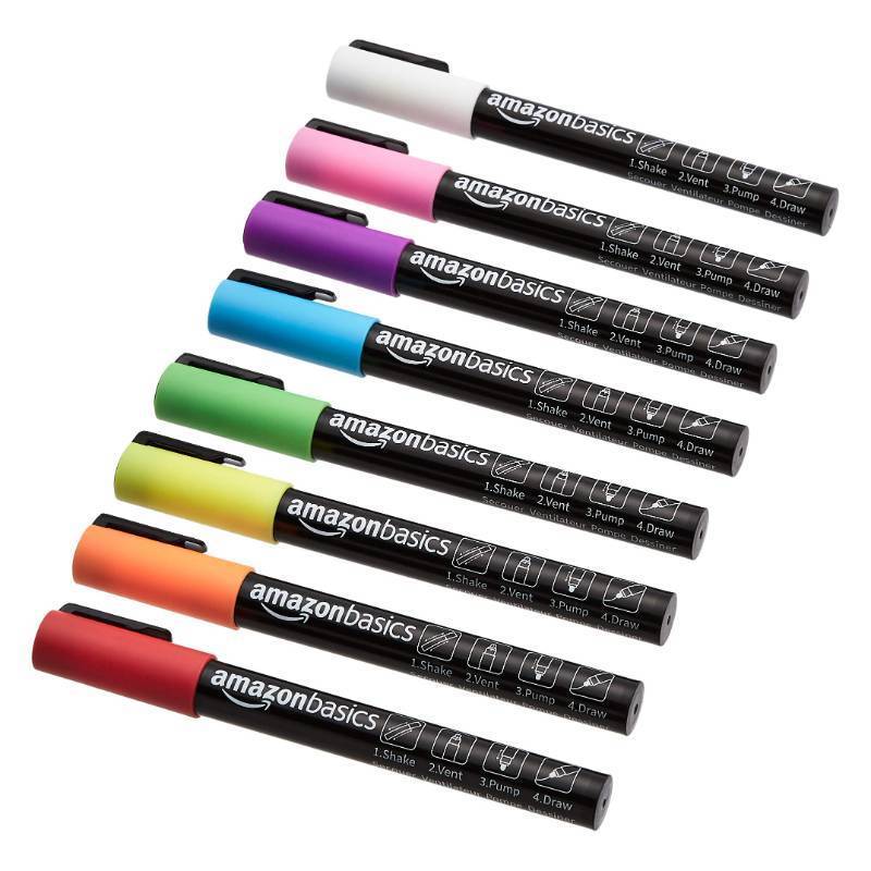 lot 2652 image: Amazon Basics BulletChisel Reversible Tip Chalk Markers, Fine Point, 8-Pack, Bright Colors