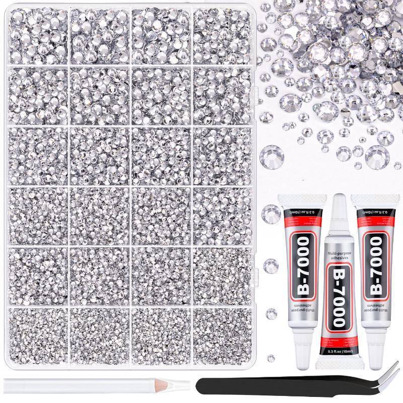 lot 4683 image: 25000Pcs Resin Rhinestones with Tweezers for Crafting, Silver Clear Flatback Gems, Bedazzling Crystal with 3Pcs 10ml B7000 Jewelry Glue for DIY Crafts Clothing Tumblers Shoes Fabric Nail Art