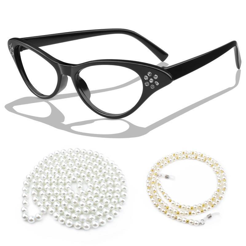 lot 9667 image: Kyerivs Old Lady Costume Accessories for Kids Women 100th Day of School Halloween Cosplay Granny Dress Up With Cat Eye Glasses Rhinestone Glasses Chain Pearl Necklace for Girls Boys Adults