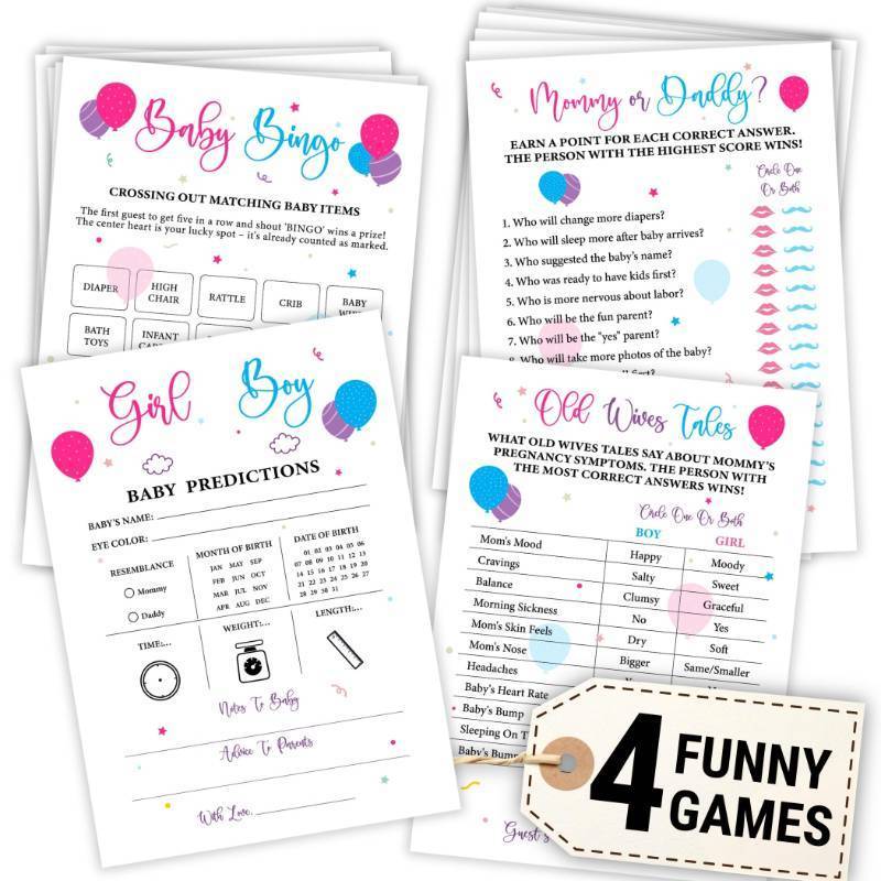 lot 9692 image: WOODAMORE Baby Gender Reveal Games For Guests - 4 Funny Baby Shower Games For Gender Reveal Party Decorations, Boy Or Girl Gender Reveal Ideas Baby Prediction Cards, Old Wives Tales Baby Bingo Game