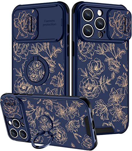 lot 9787 image: Goocrux (2in1 for iPhone 14 Pro Max Case Floral Flowers for Women Girls Girly Phone Cover Cute Gold Plants Pattern Design with Slide Camera CoverRing Holder Fashion Cases for iPhone 14 ProMax 6.7