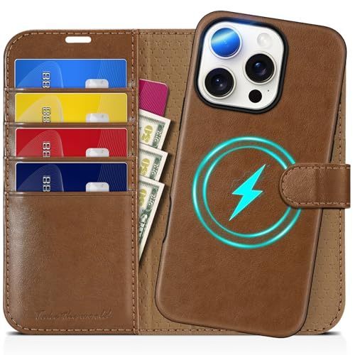 lot 9825 image: TUCCH Wallet Case for iPhone 16 Pro, Removable 2 in 1 Wireless Charging RFID Blocking 4 Card Holders PU Leather Cover, Magnetic Detachable Stand Folio Case Compatible with iPhone 16 Pro, Brown