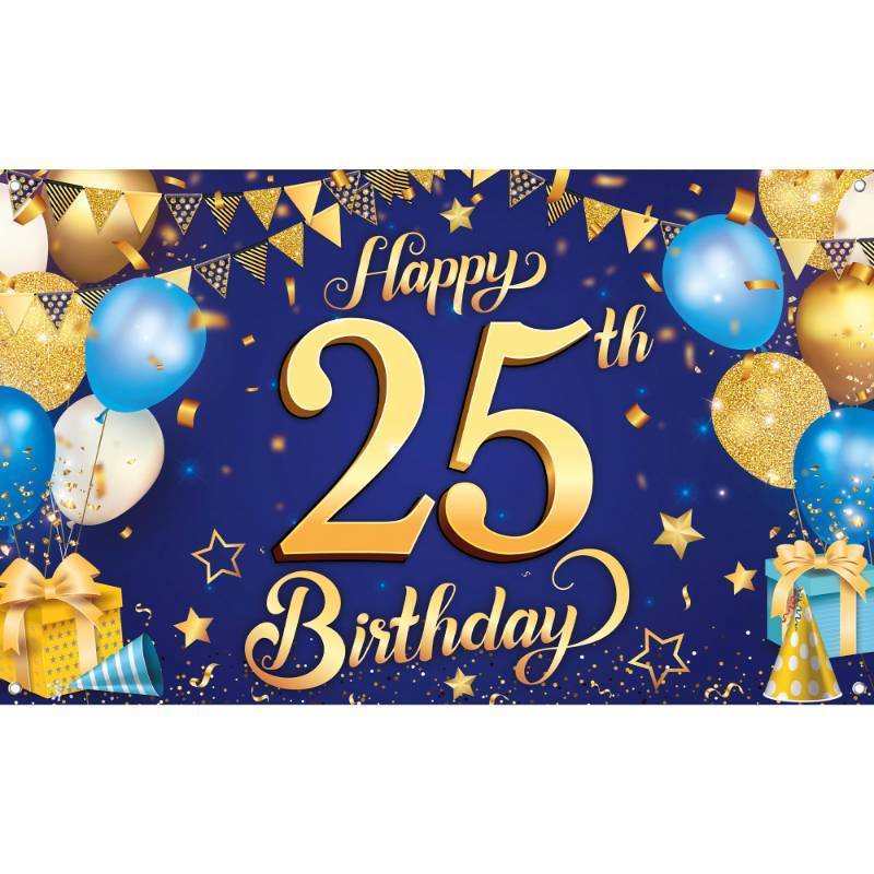 lot 7742 image: KatchOn, Happy 25th Birthday Banner for Men - XL, 72x44 Inch  Happy 25th Birthday Decorations for Men  Blue and Gold 25th Birthday Backdrop for Men and Women, Twenty Five Years Old Birthday Decor