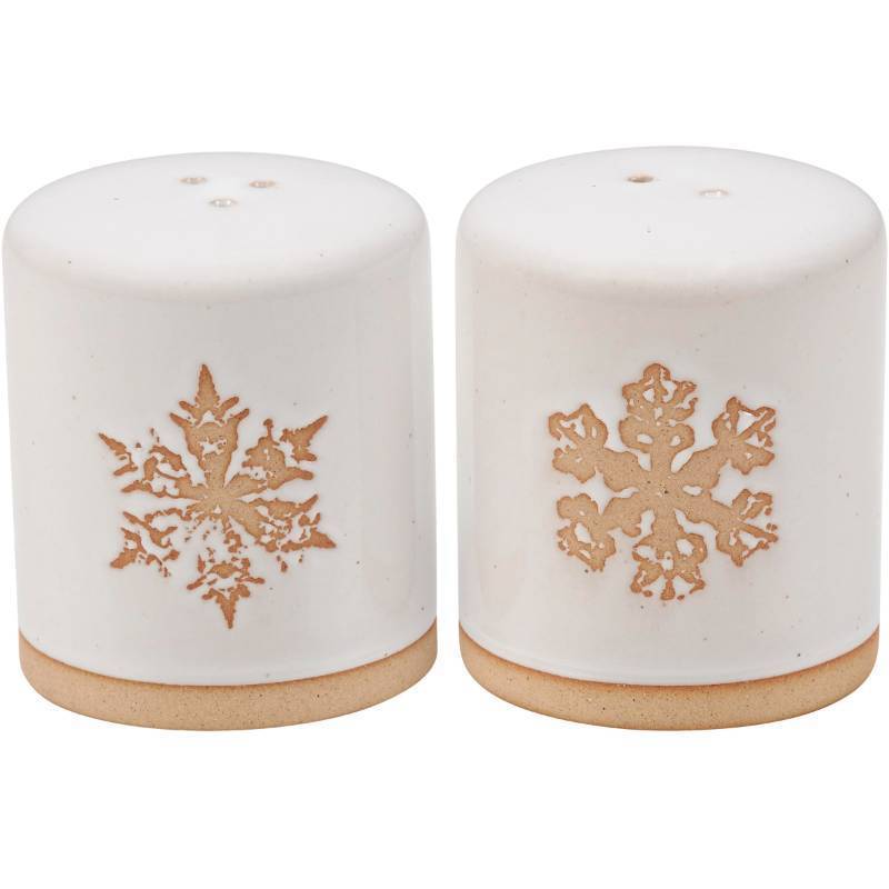 lot 7926 image: Primitives by Kathy Winter Salt & Pepper Set - stoneware salt and pepper shakers displaying a snowy cream color with individual debossed snowflake designs and bare ceramic accents
