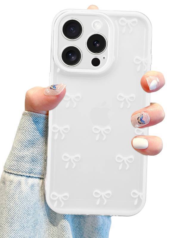 lot 8732 image: Jusy Compatible with iPhone 14 Pro Bow Phone Case, Cute Clear Ribbon Bowknot Pattern Aesthetic Soft TPU Transparent Cases Protective Phone Cover for Women Girly - White