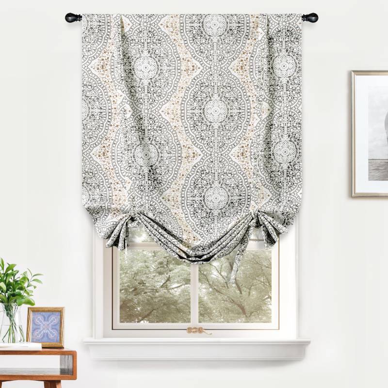 lot 8802 image: DriftAway Adrianne Tie Up Curtain Damask Floral Pattern Thermal Insulated Room Darkening Window Adjustable Balloon Curtain Shade for Small Window Rod Pocket Single 25 Inch by 47 Inch Beige and Gray