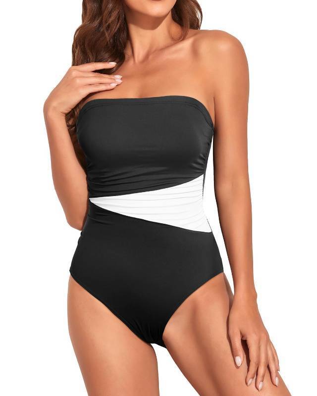 lot 8837 image: Holipick Women Black White Strapless Bandeau One Piece Swimsuits Tummy Control Bathing Suits Halter Strapless Swimwear M