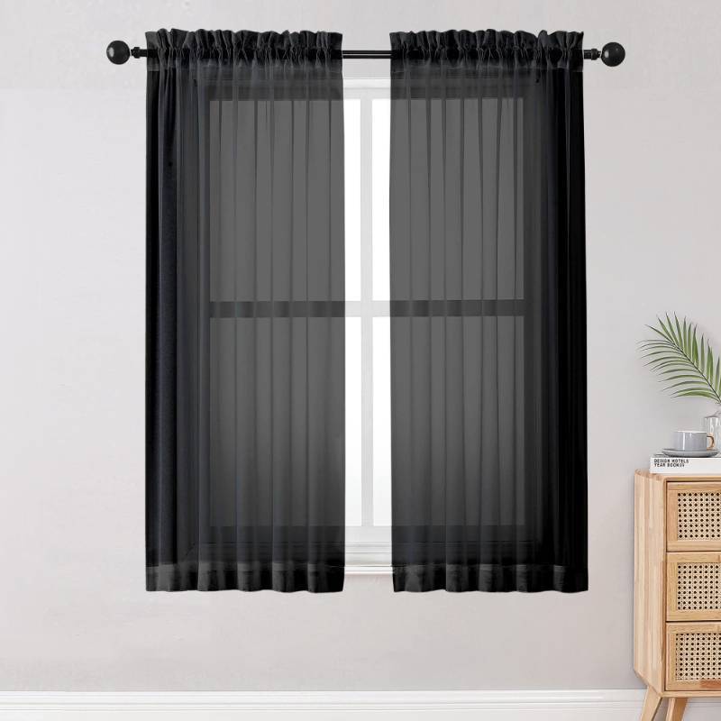 lot 8886 image: OWENIE Sheer Curtains Living Room 54 inches Long, Rod Pocket Curtain Sheers Bedroom, Light Filtering Voile Panels Drapes Small Window Treatments 2 Panels, 42 W x 54 L, Black