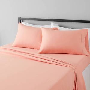 lot 8982 image: Amazon Basics Lightweight Super Soft Easy Care Microfiber 4-Piece Bed Sheet Set with 14-Inch Deep Pockets, Includes Comfortable Pillowcases, Queen, Peachy Coral, Solid