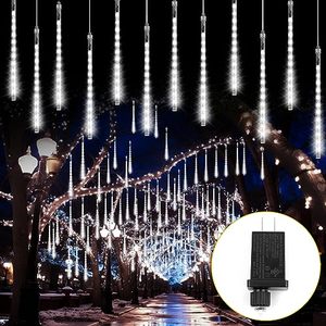 lot 8988 image: Meteors Shower Lights, 8 Tubes 11.8 Inch Waterproof Falling Rain LED Snowfall Christmas Lights Plug in Outdoor for Tree Party Garden Yard Holiday Decoration, White