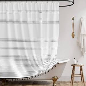 lot 8991 image: jinchan Boho Farmhouse Fabric Shower Curtain with Tassel Grey and White Modern Striped Waterproof Shower Curtains for Bathroom with 12 Hooks 70x72 inches