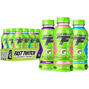 lot 3168 image: Fast Twitch by Gatorade 3 Flavor Variety Pack Energy Drink Strawberry Lemonade Grape and Glacier Freeze Flavor 12 fl oz 12 Count Bottles 22025
