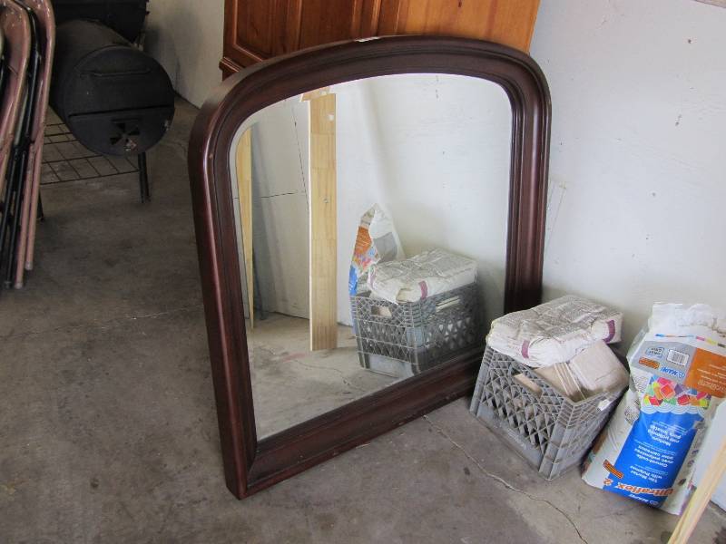 lot 4012 image: Large Wood Framed Mirror  with Beveled Glass