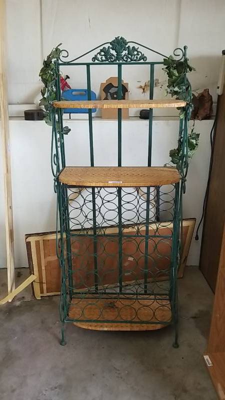 lot 4007 image: Iron and Wicker Weave Wine Rack-Shelf