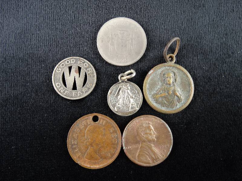 lot 2156 image: Lot of Vintage Coins- Tokens- Pendants- Treasures