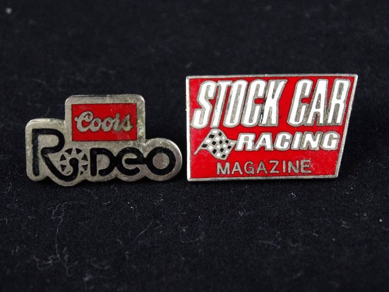 lot 2176 image: Cool Hat Pins 1980s  Coors and Stock Car