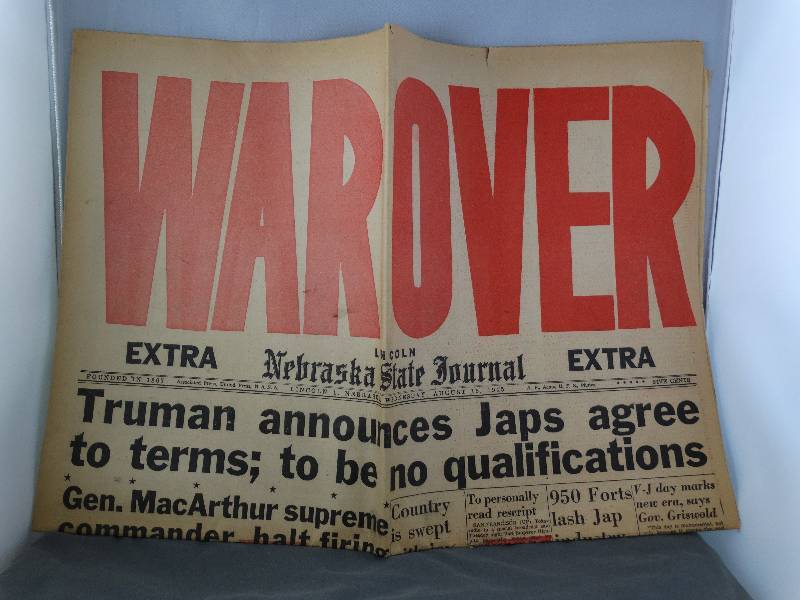 lot 2223 image: April 15th 1945 End of WW2- Japs Surrender   Front Section of Newspaper
