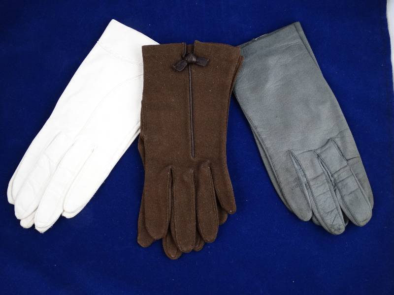 lot 2232 image: WOW  3 Pair of Ladies Gloves-  White-Gray- Brown-   Appear unworn-  1930s-40s Fashion