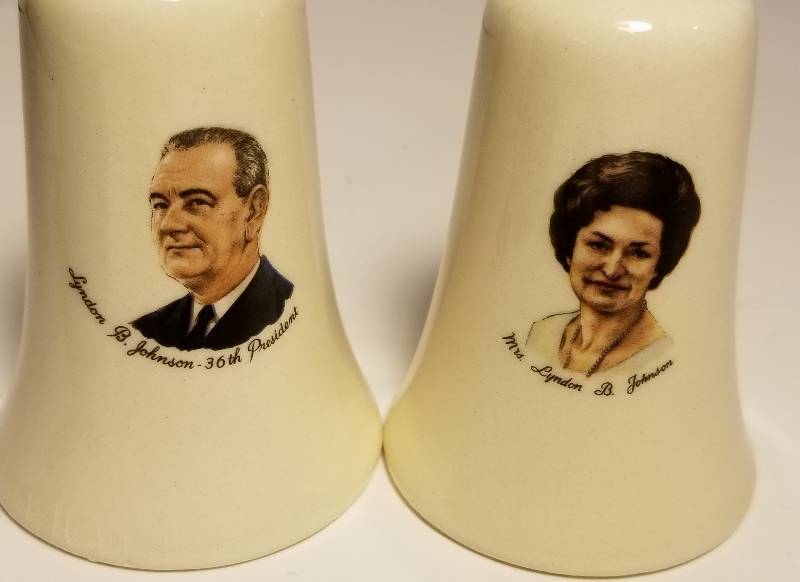 lot 25 image: President Lyndon B. Johnson and first lady Salt and Pepper shakers