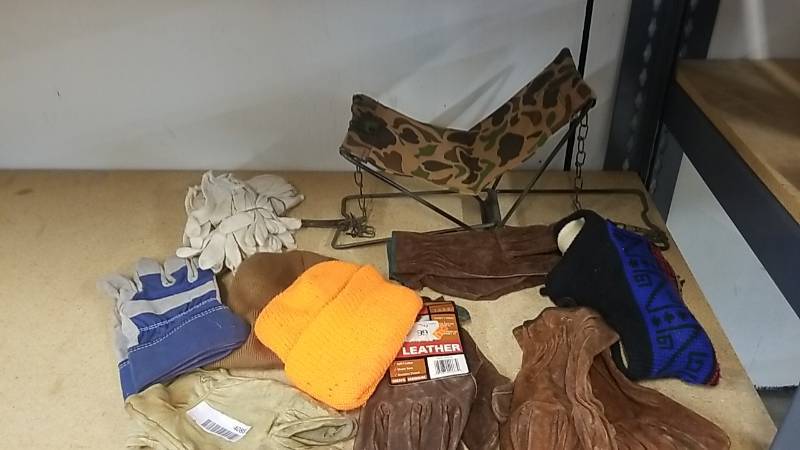 lot 4085 image: Hat and Glove Lot- Leather- Some New-  Camping Foldout Seat Too