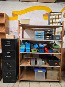 lot 23076 image: Vintage Industrial Storage Set - Filing Cabinet, Shelving Unit & Parts Organizer