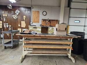 lot 14862 image: Wooden Workshop Table With Shelves