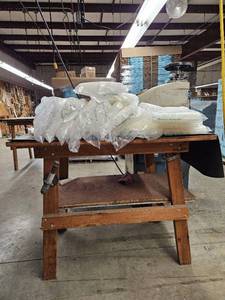 lot 14871 image: Wooden Work Table W Contents