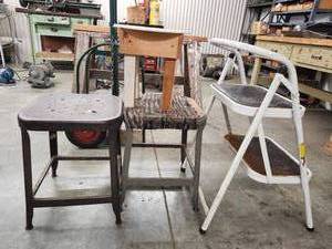 lot 44053 image: (3) Industrial Shop Stools Collection - Metal and Wood Construction