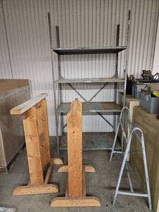 lot 14874 image: Assorted Lot Of Metal Shelf, Material Holder, 2 Wooden Rack