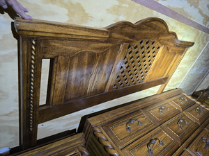 lot 49522 image: Queen - Oak Bedroom Set with Ornate Details and Lattice Headboard