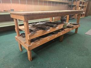 lot 42959 image: Vintage Industrial Wood Storage Table with Multi-Level Shelving