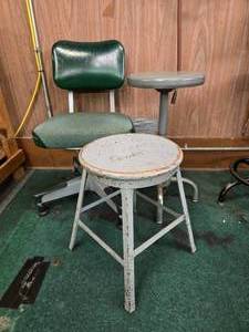 lot 42961 image: (3) Vintage Industrial Office Chair and Metal Shop Stools
