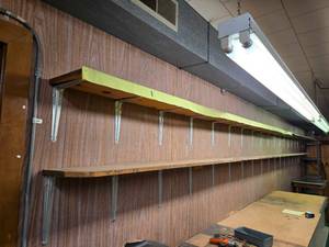 lot 42966 image: (3) Industrial Wall-Mounted Shelving System with Metal Brackets