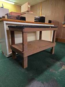 lot 42972 image: Wooden Work Bench with Storage Shelf