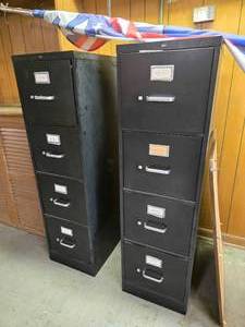 lot 48154 image: (2) Black Metal 4-Drawer Vertical File Cabinets with Cork Board