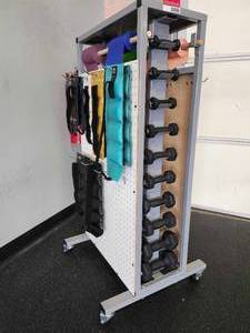 lot 21030 image: Mobile Fitness Equipment Storage Rack with Dumbbells and Exercise Bands