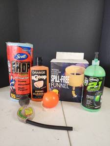 lot 326 image: Scott Shop Towels, Goop Hand Cleaner, Spill-Free Funnel, Slime Tire Sealant