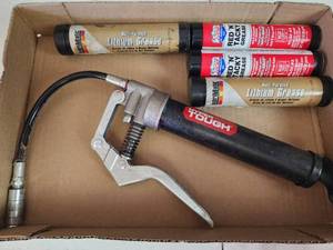 lot 329 image: Tough Grease Gun with LubriMatic and Lucas Red N Tacky Grease Tubes