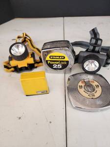 lot 333 image: Tool Lot - Stanley PowerLock 25 Tape Measure, Headlamps, and 50 Steel Tape
