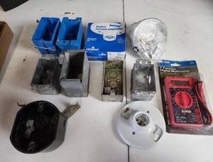 lot 353 image: Electrical Supply Lot - Leviton Lampholder, Junction Boxes, CEN-TECH Multimeter