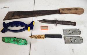 lot 378 image: Machete, Survival Knife, Slinger Knife Sharpener and More