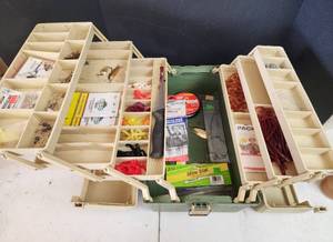 lot 383 image: Plano 9098 Fishing Tackle Box with Eagle Claw Hooks, Berkley Line, and Soft Baits and More