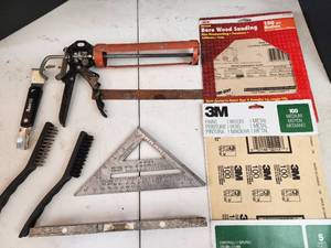 lot 394 image: Woodworking Tools, Caulk Gun, Sandpaper, Square & Brushes