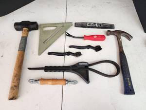 lot 398 image: Tool Lot - Craftsman Pliers, Wire Brushes, Level, and Pry Bar and Hammer