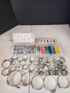 lot 402 image: Hardware Assortment - Machine Bolts, Hex Nuts, Washers and Hose Clamps
