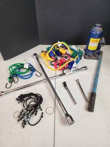 lot 410 image: Bungee Cords, Socket Wrench and Bottle Jack