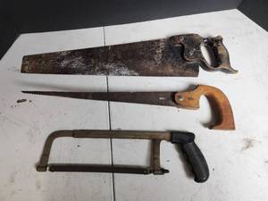 lot 422 image: Antique Hand Saw Collection - Two Wood Saws and Hacksaw