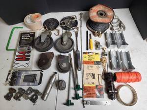 lot 436 image: Industrial Hardware Lot - Pulleys, Wire, Brackets and Tools