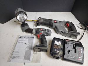 lot 472 image: Porter Cable 18V Cordless Tool Set - Drill, Reciprocating Saw, Light, Battery & Charger - All Power On