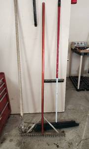lot 487 image: Push Broom, Concrete Rake and Shovel